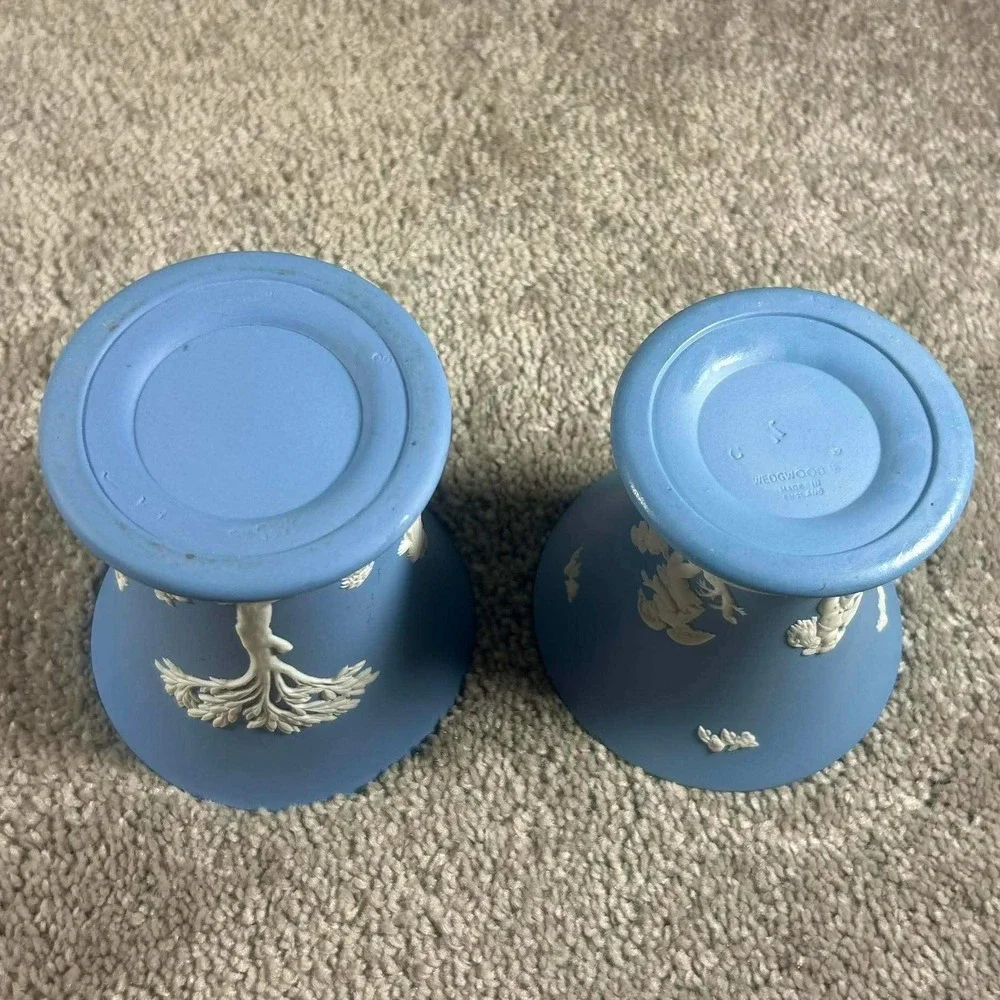 Wedgwood Jasperware Vases Blue White Neoclassical Trumpet Pair England